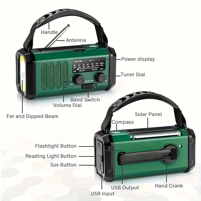 Emergency Radio with 10,000 mAh Power Bank | Solar, Crank & USB-C Charging | LED Light, SOS Alarm & Compass | AM/FM/NOAA Weather Alerts