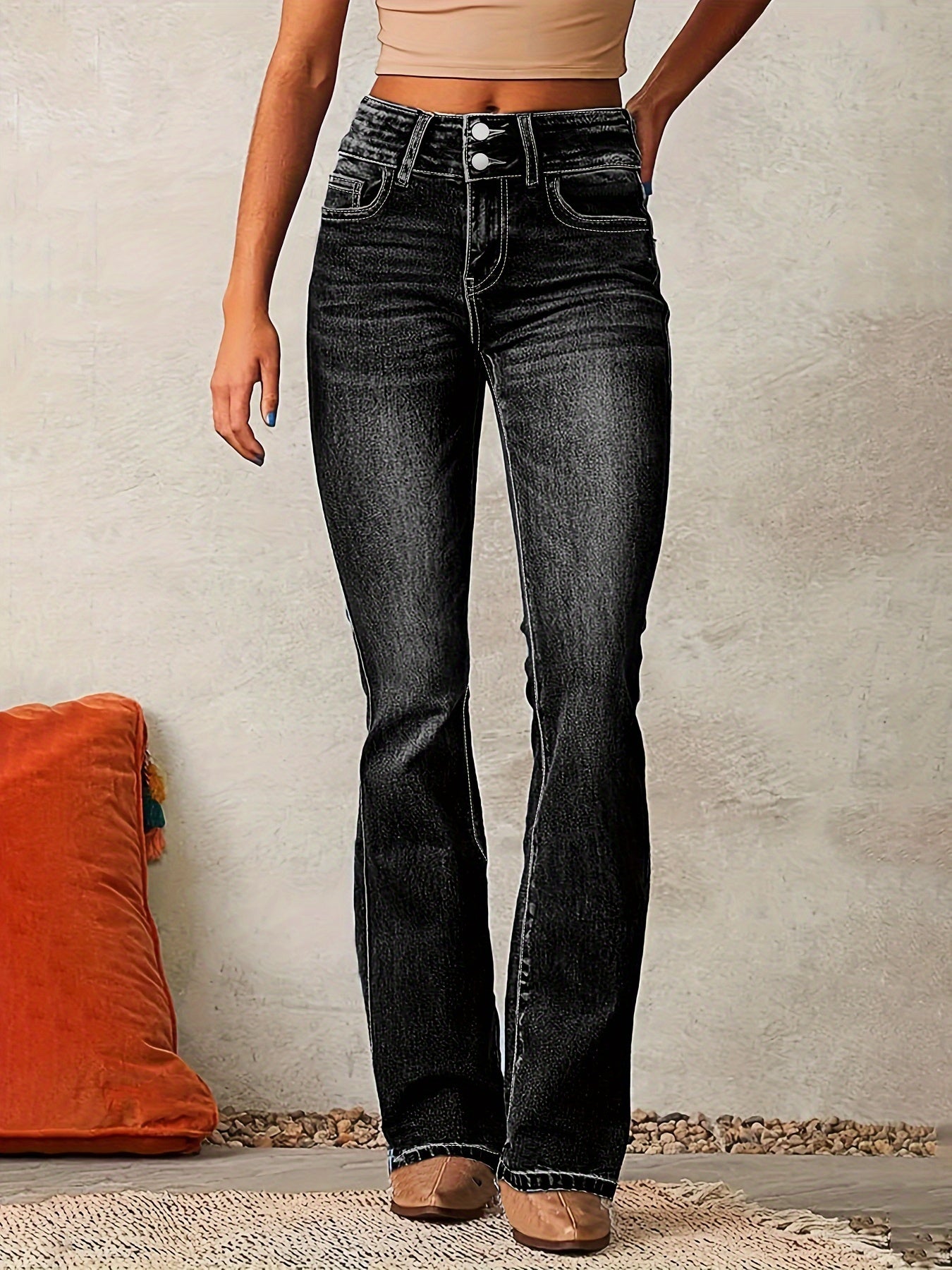 Women's High-Waisted Flared Jeans | Double Button Closure