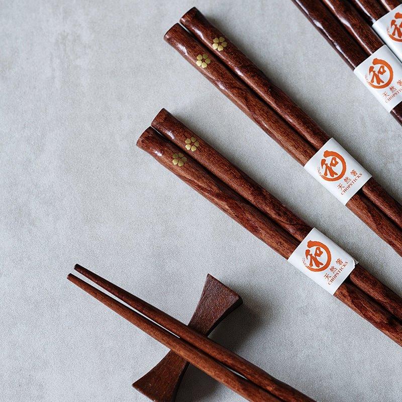 Elegant Wooden Chopstick Set with Golden Cherry Blossom Design
