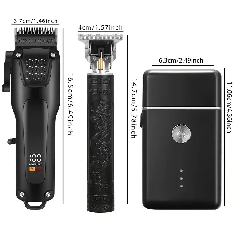 3-Piece Men's Hair and Beard Grooming Set, Wireless Trimmers with LED Display, USB Rechargeable