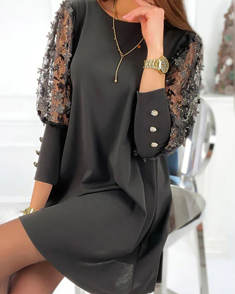 Women's Round Neck Mini Dress | with Floral Sleeves