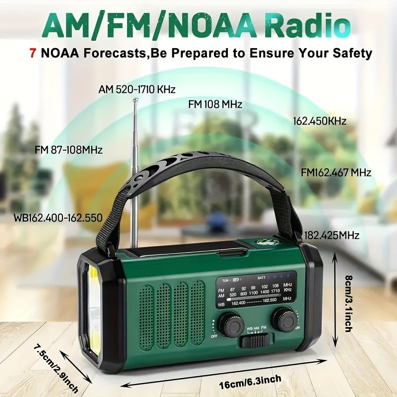 Emergency Radio with 10,000 mAh Power Bank | Solar, Crank & USB-C Charging | LED Light, SOS Alarm & Compass | AM/FM/NOAA Weather Alerts