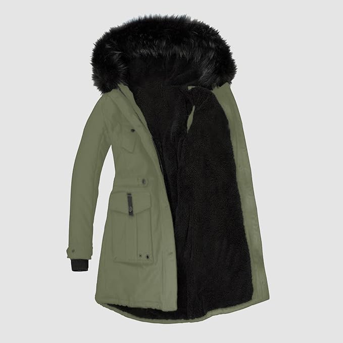 Ladies Long Winter Jacket | With Faux Fur Trim