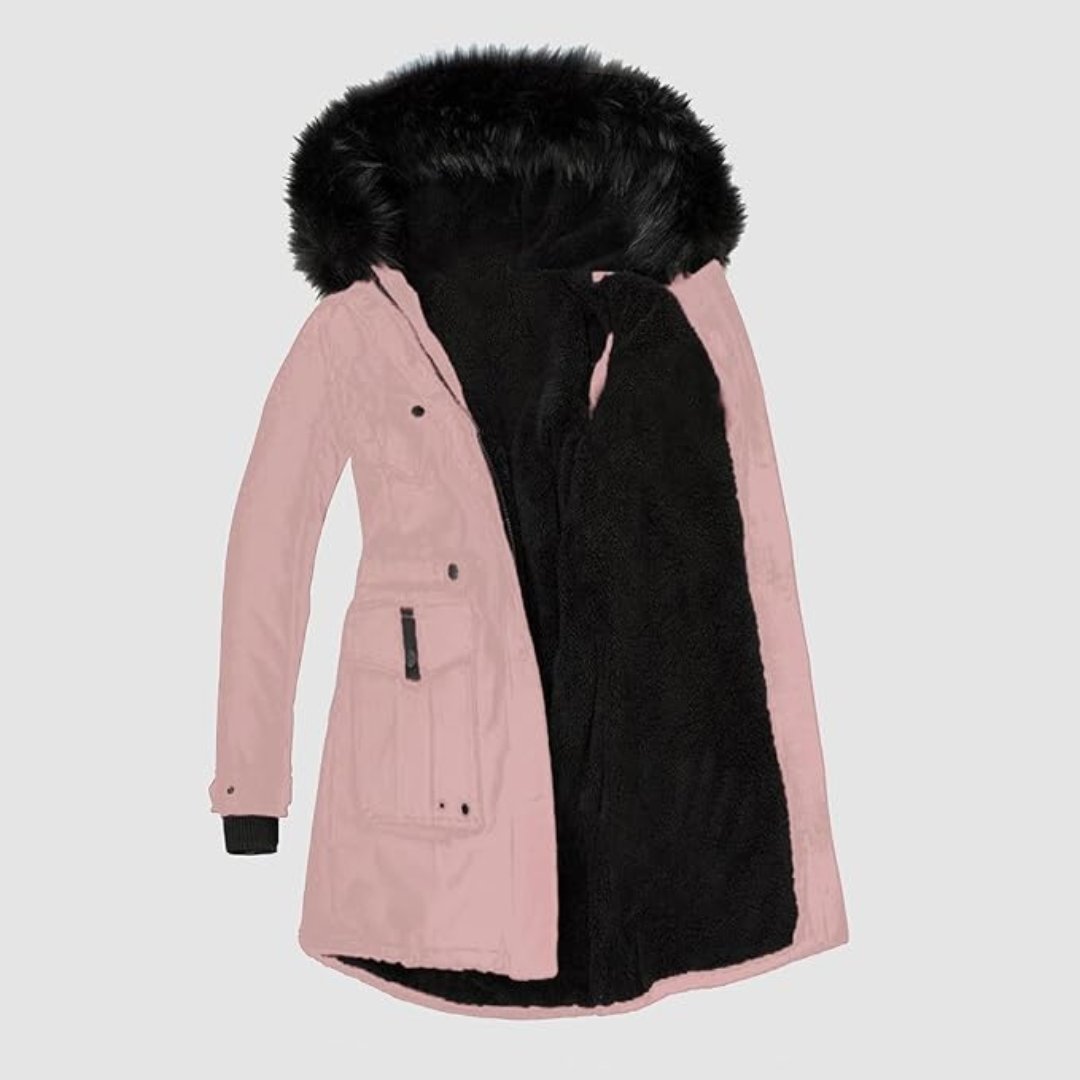 Ladies Long Winter Jacket | With Faux Fur Trim