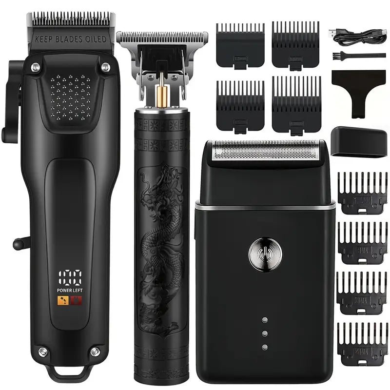 3-Piece Men's Hair and Beard Grooming Set, Wireless Trimmers with LED Display, USB Rechargeable