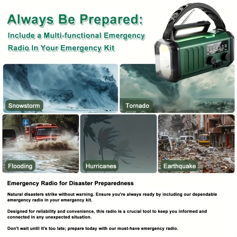 Emergency Radio with 10,000 mAh Power Bank | Solar, Crank & USB-C Charging | LED Light, SOS Alarm & Compass | AM/FM/NOAA Weather Alerts