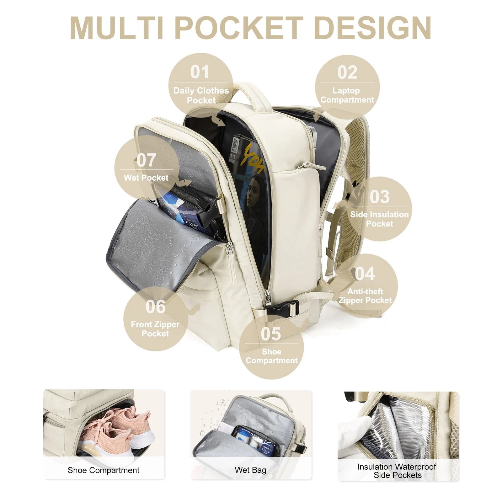 35L Women's Travel Backpack | Waterproof with USB Port | Anti-Theft Features & Shoe Compartment | Perfect for Hiking, Daily Use & Travel