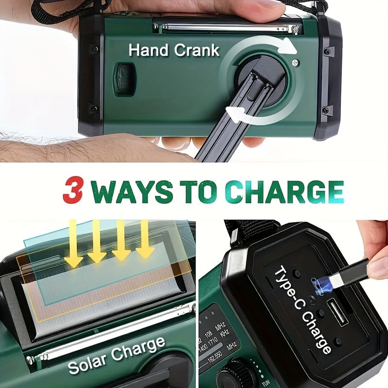 Emergency Radio with 10,000 mAh Power Bank | Solar, Crank & USB-C Charging | LED Light, SOS Alarm & Compass | AM/FM/NOAA Weather Alerts