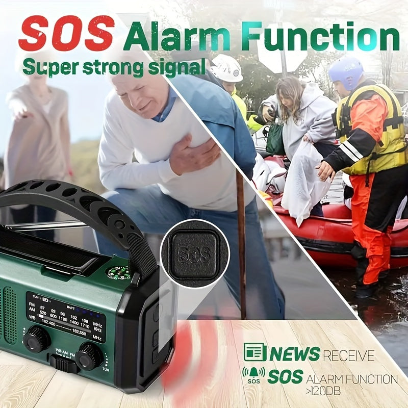 Emergency Radio with 10,000 mAh Power Bank | Solar, Crank & USB-C Charging | LED Light, SOS Alarm & Compass | AM/FM/NOAA Weather Alerts