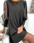 Women's Round Neck Mini Dress | with Floral Sleeves