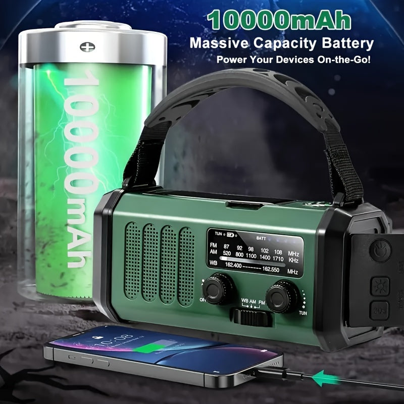 Emergency Radio with 10,000 mAh Power Bank | Solar, Crank & USB-C Charging | LED Light, SOS Alarm & Compass | AM/FM/NOAA Weather Alerts