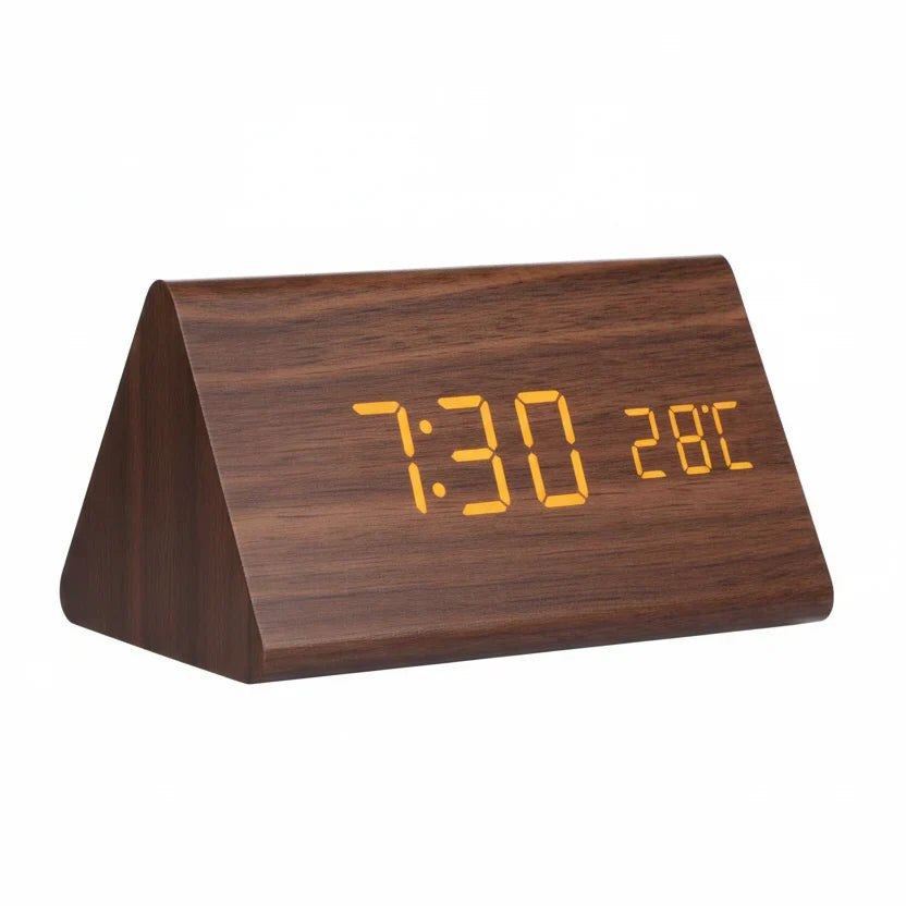 Wooden-Style LED Alarm Clock with Triple Alarm Settings, Temperature Display, and Adjustable Brightness