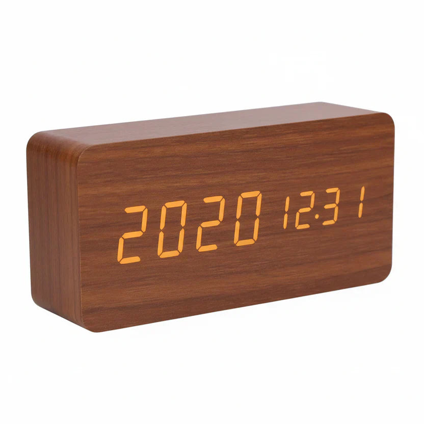 Wooden-Style LED Alarm Clock with Triple Alarm Settings, Temperature Display, and Adjustable Brightness