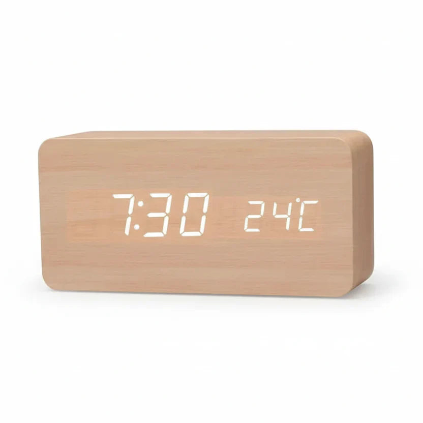 Wooden-Style LED Alarm Clock with Triple Alarm Settings, Temperature Display, and Adjustable Brightness