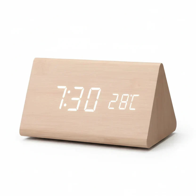 Wooden-Style LED Alarm Clock with Triple Alarm Settings, Temperature Display, and Adjustable Brightness
