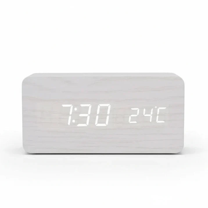 Wooden-Style LED Alarm Clock with Triple Alarm Settings, Temperature Display, and Adjustable Brightness
