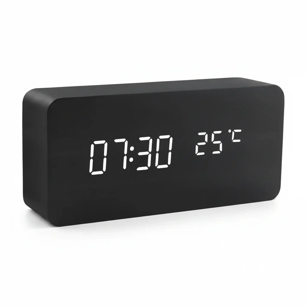 Wooden-Style LED Alarm Clock with Triple Alarm Settings, Temperature Display, and Adjustable Brightness