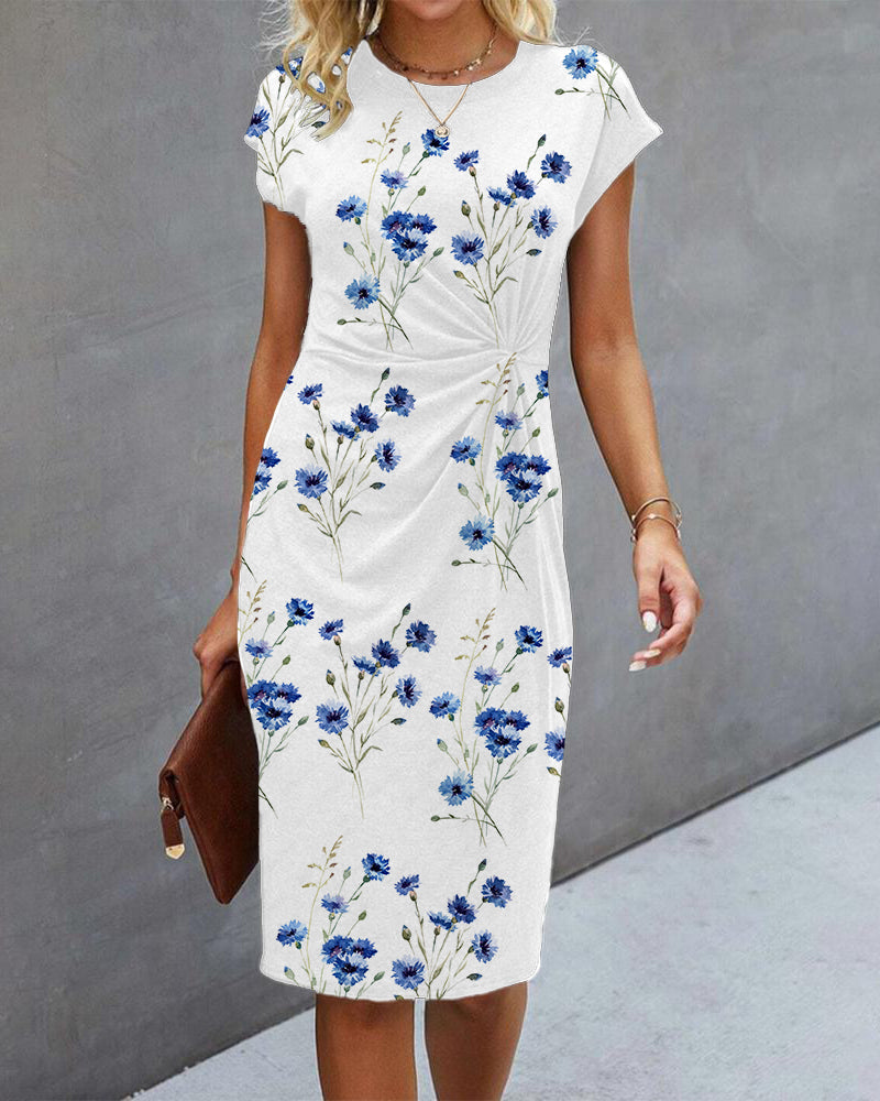 Women's Floral Pattern Short Sleeve Wrap Dress | Midi