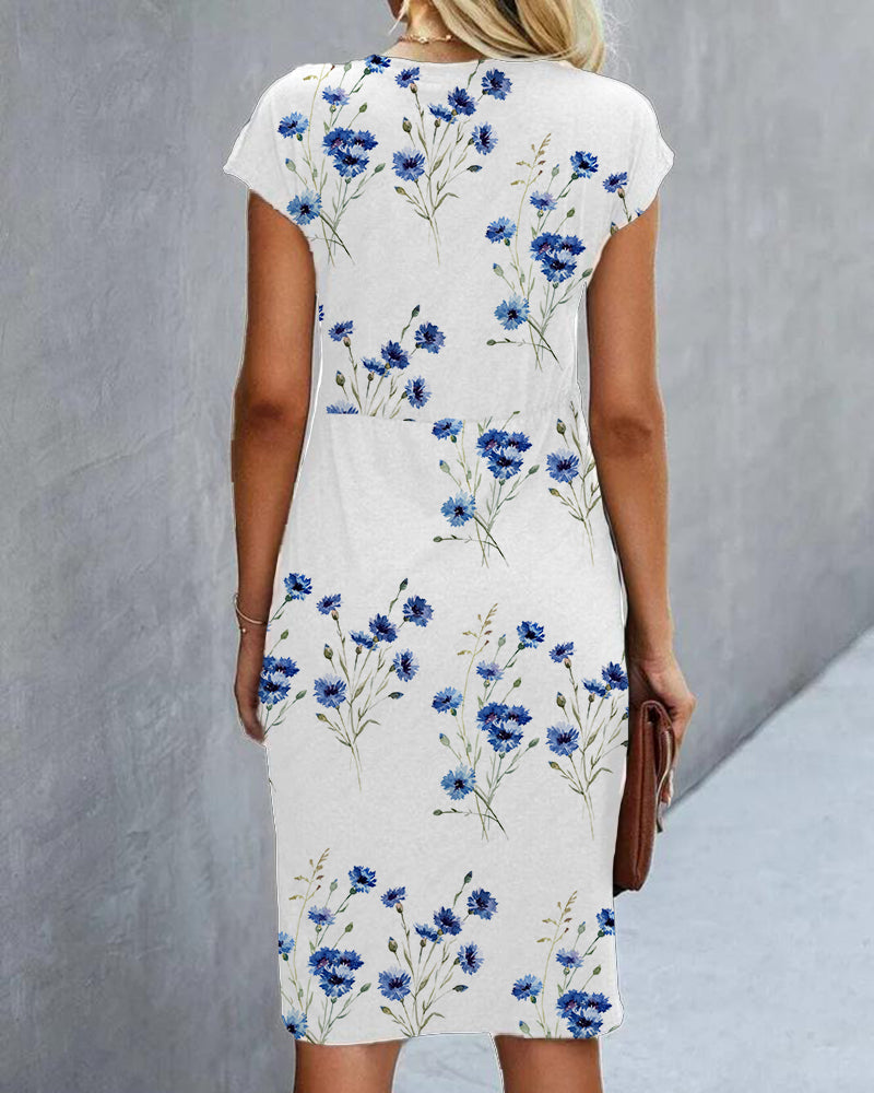 Women's Floral Pattern Short Sleeve Wrap Dress | Midi