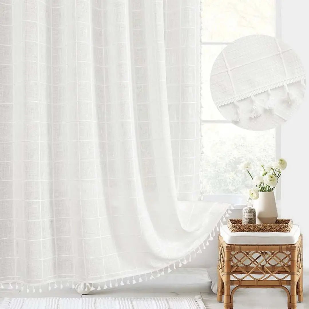 Bohemian Linen Shower Curtain with Tassels and Waterproof Features