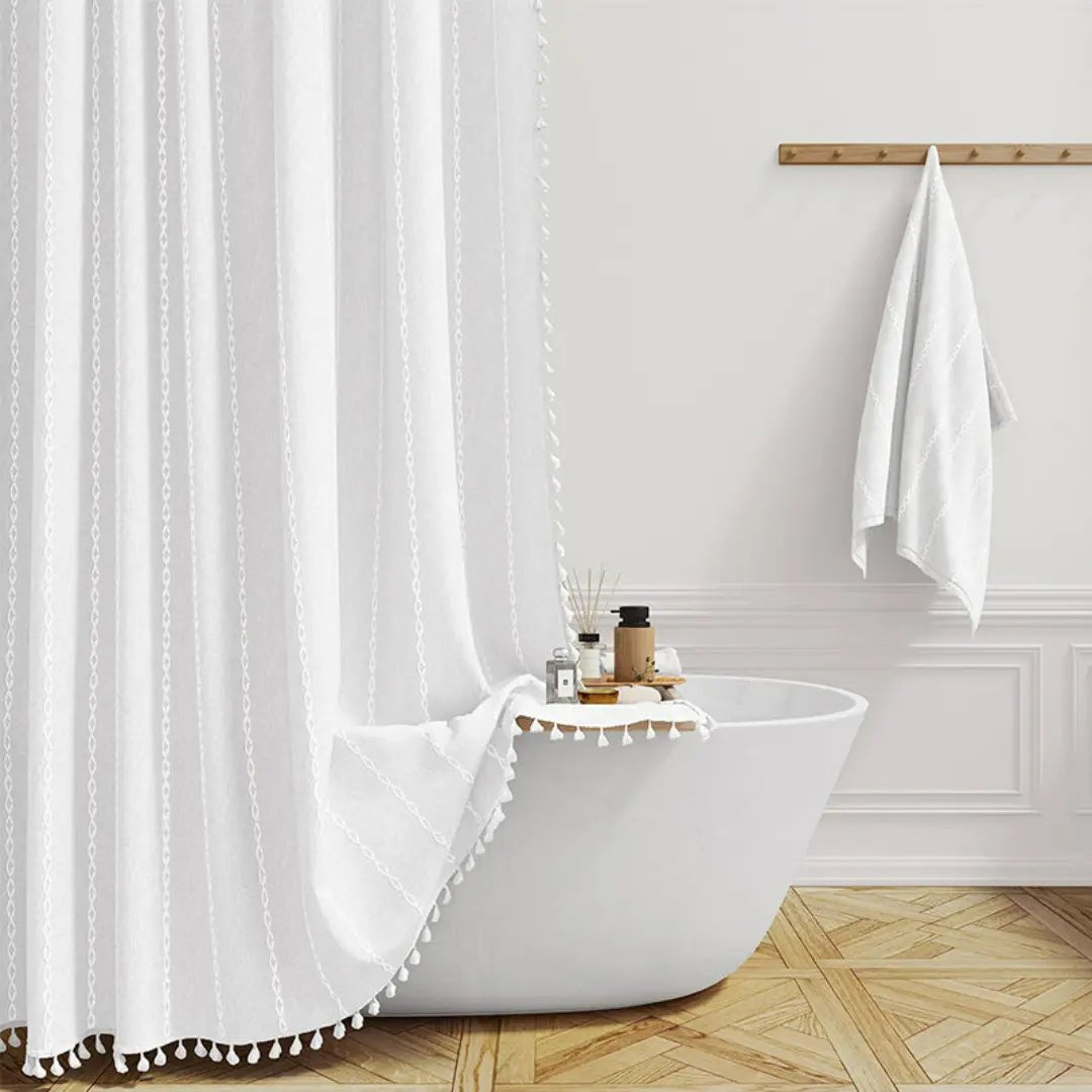 Bohemian Linen Shower Curtain with Tassels and Waterproof Features