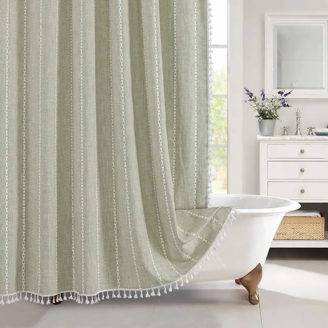 Bohemian Linen Shower Curtain with Tassels and Waterproof Features