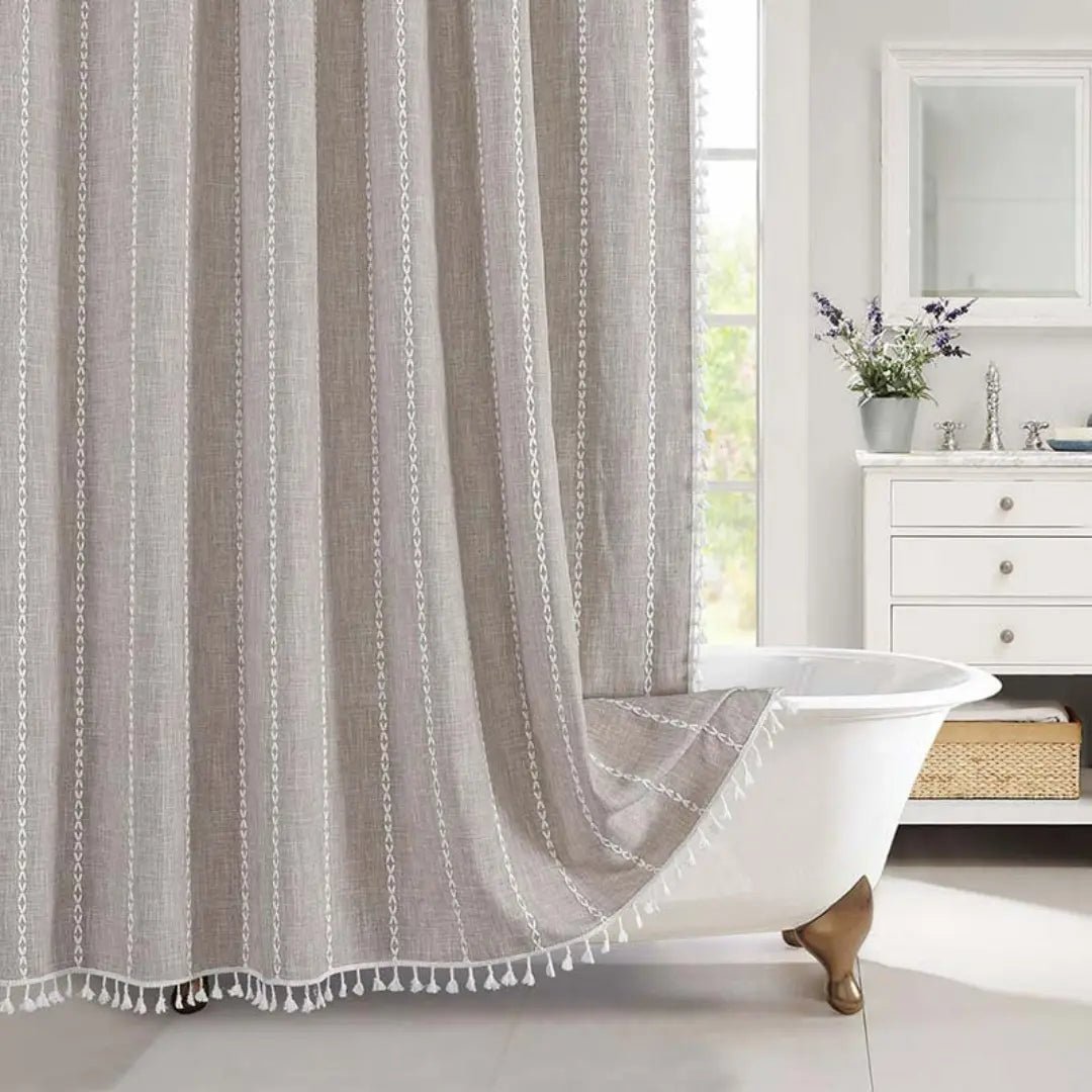 Bohemian Linen Shower Curtain with Tassels and Waterproof Features