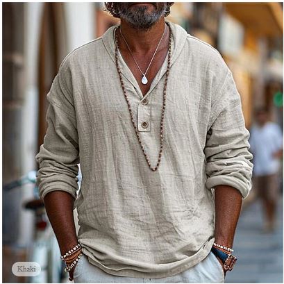 Men's Henley Style Linen Shirt | Long Sleeve