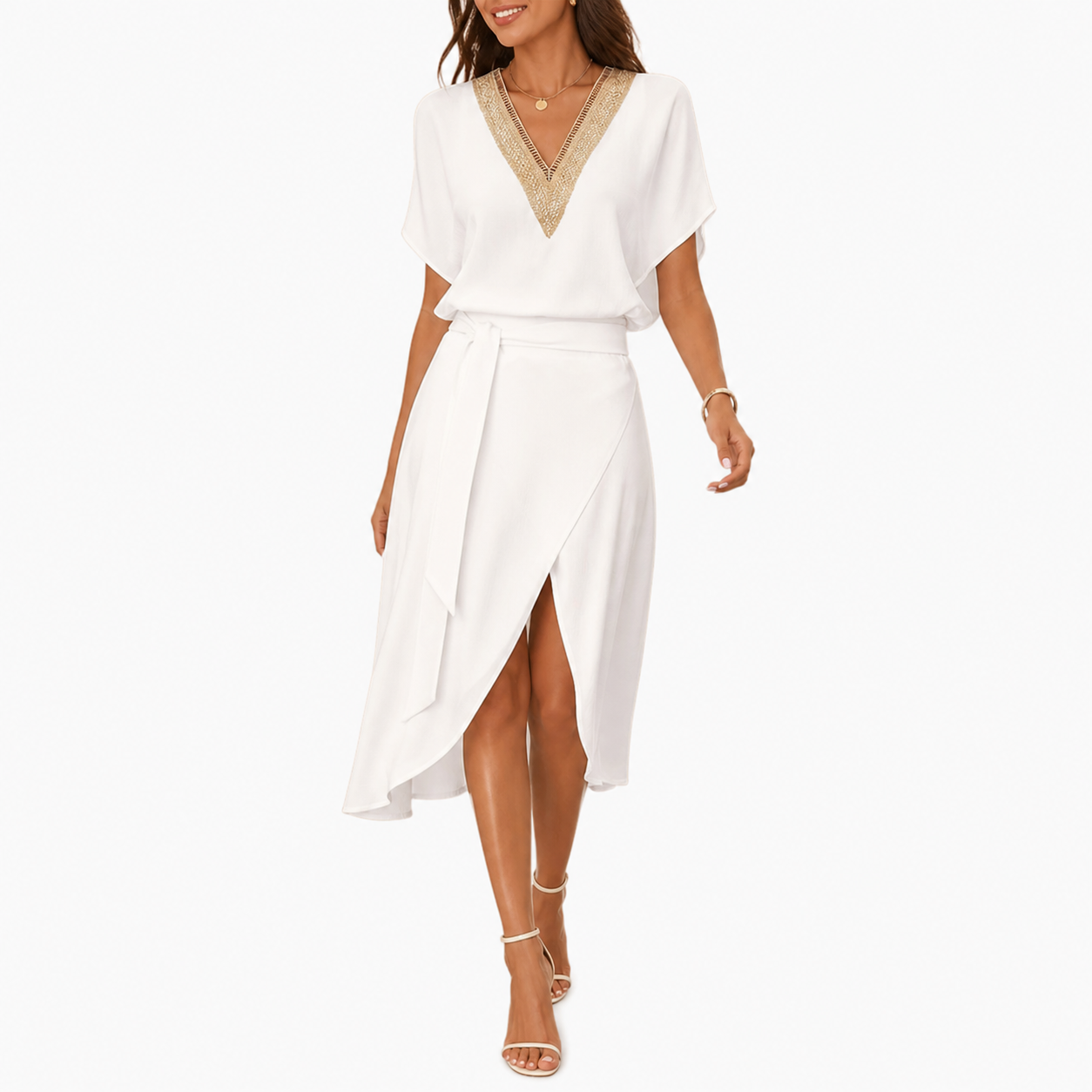 Women's Boho Style V-Neck White Summer Dress | Midi