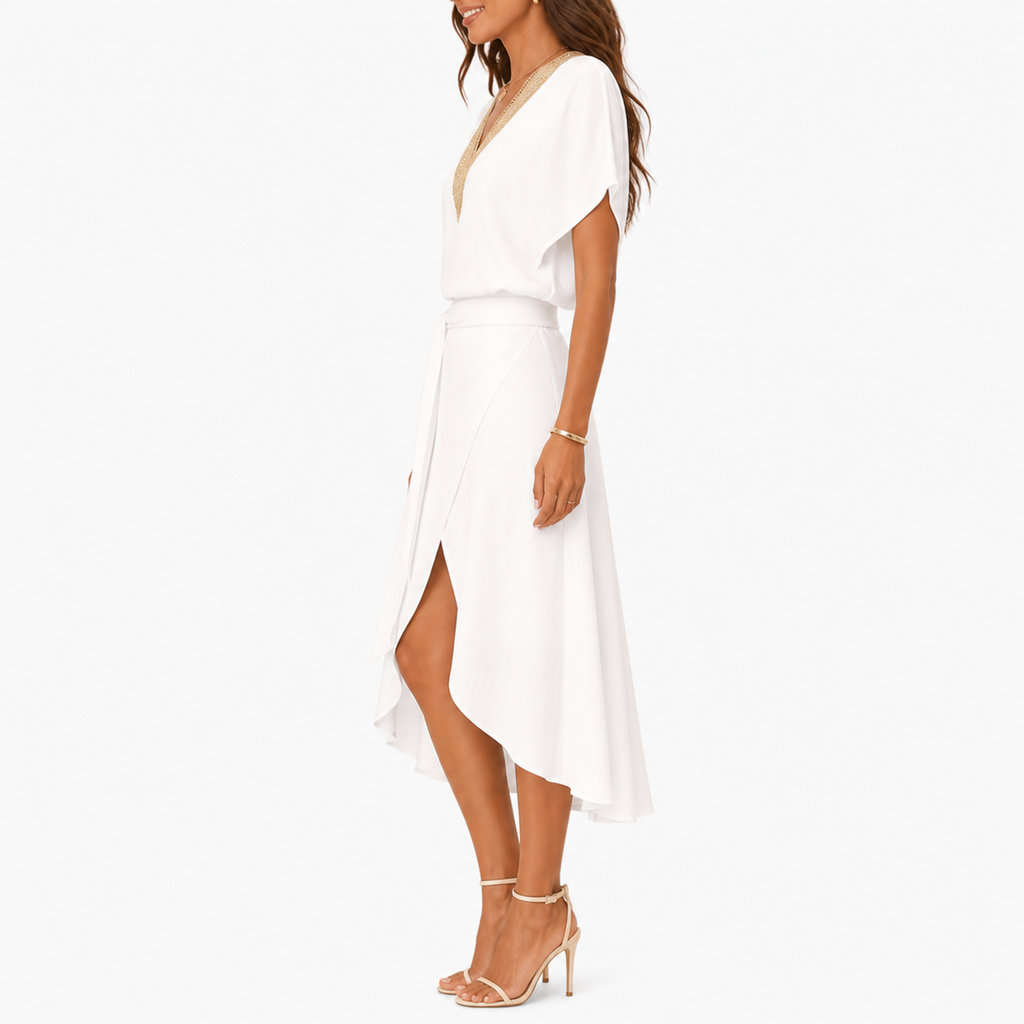 Women's Boho Style V-Neck White Summer Dress | Midi