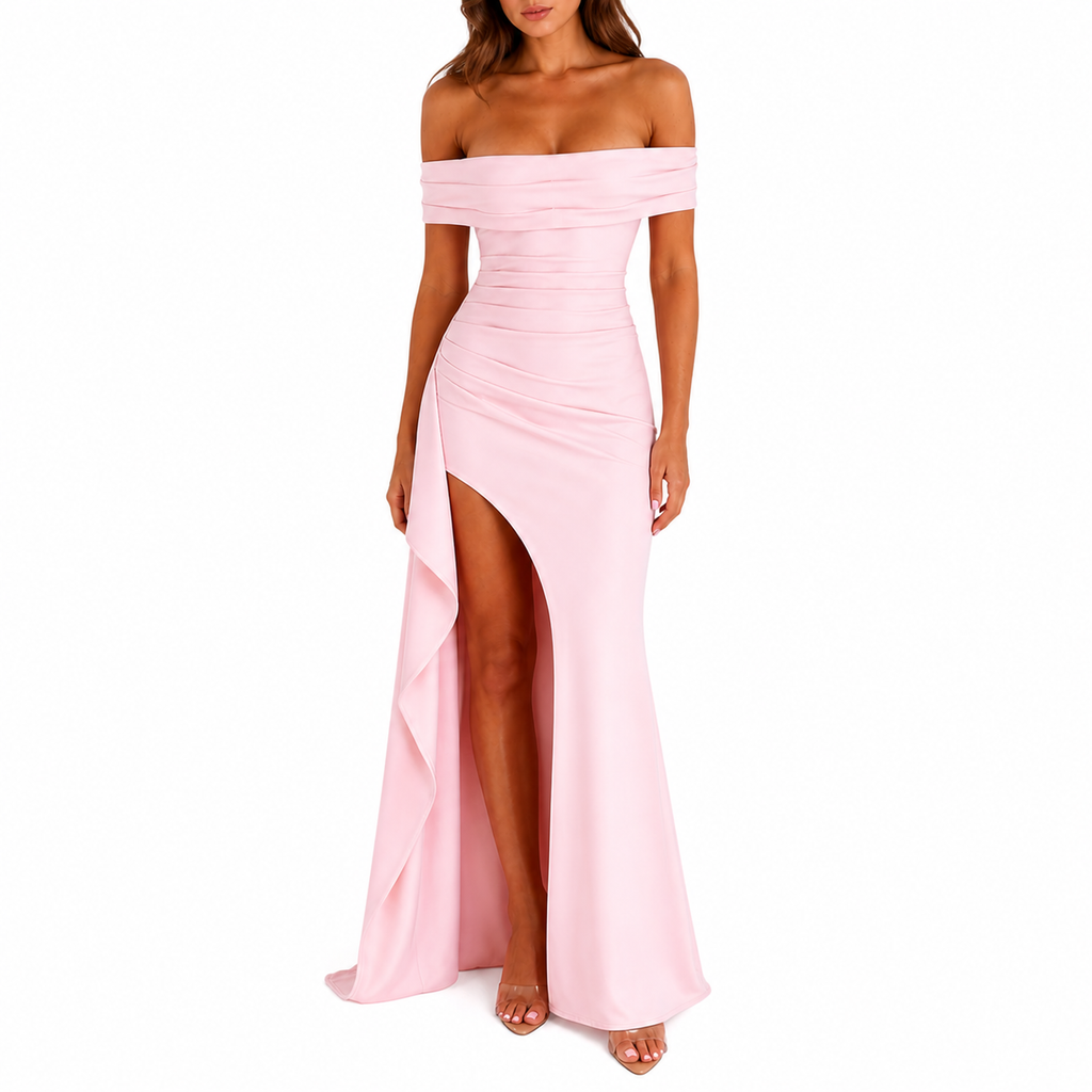 Women's Pink Off-Shoulder Maxi Prom Dress | with Thigh Split