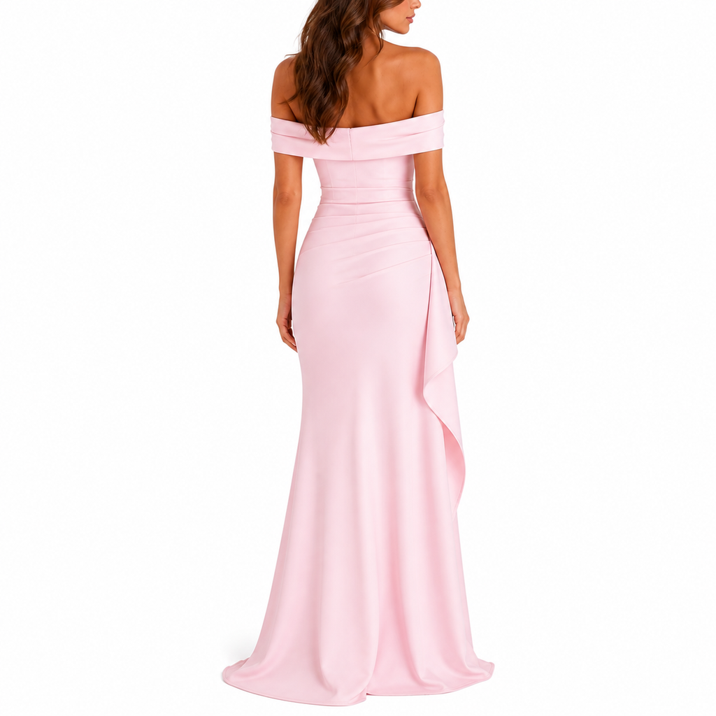 Women's Pink Off-Shoulder Maxi Prom Dress | with Thigh Split