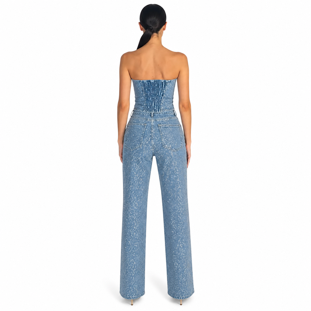 Women's Sparkly Strapless Corset Top and High-Waist Pants | 2-Piece Set