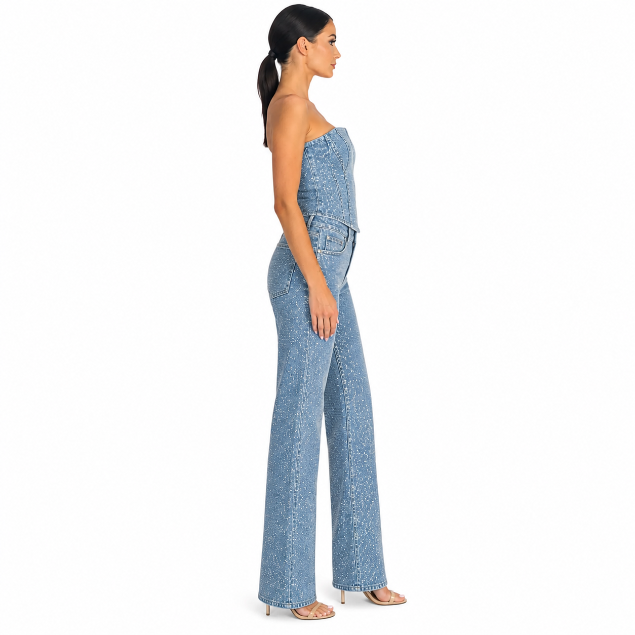 Women's Sparkly Strapless Corset Top and High-Waist Pants | 2-Piece Set