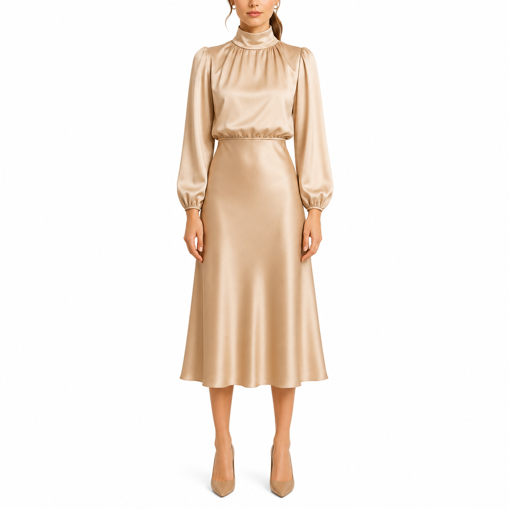 Women's Formal Mock Neck Midi Dress | Long Sleeve
