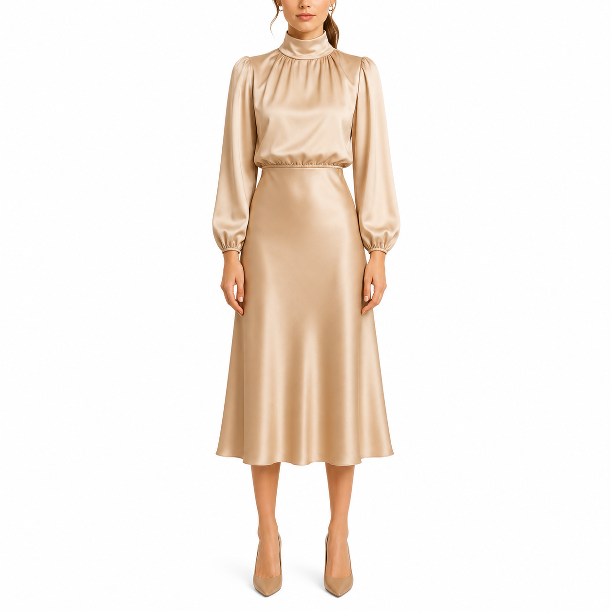 Women's Formal Mock Neck Midi Dress | Long Sleeve