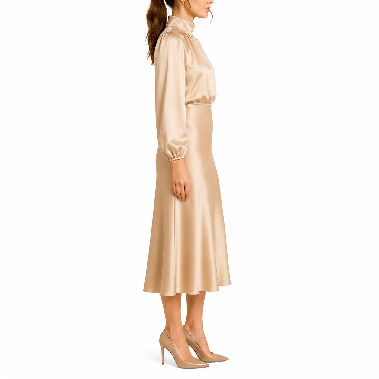 Women's Formal Mock Neck Midi Dress | Long Sleeve