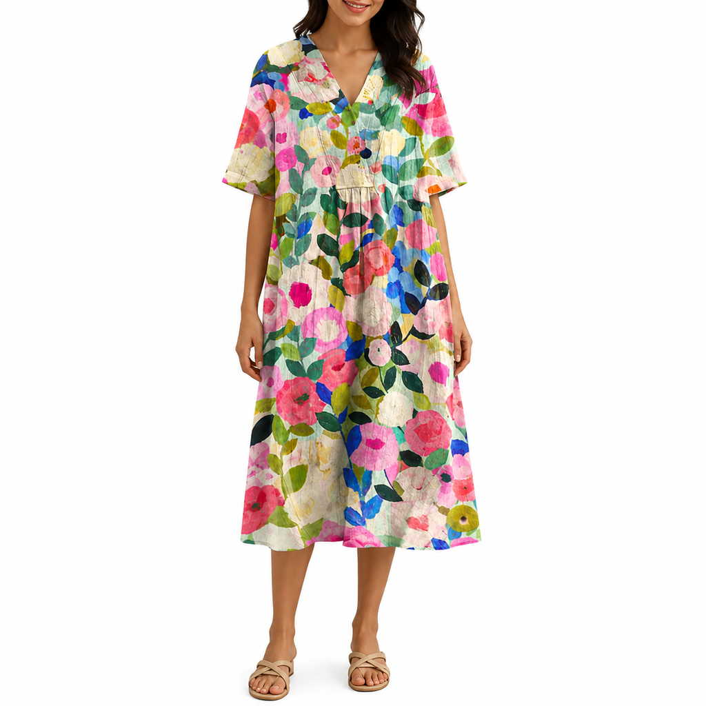 Women's Floral V-Neck Summer Beach Dress | Midi