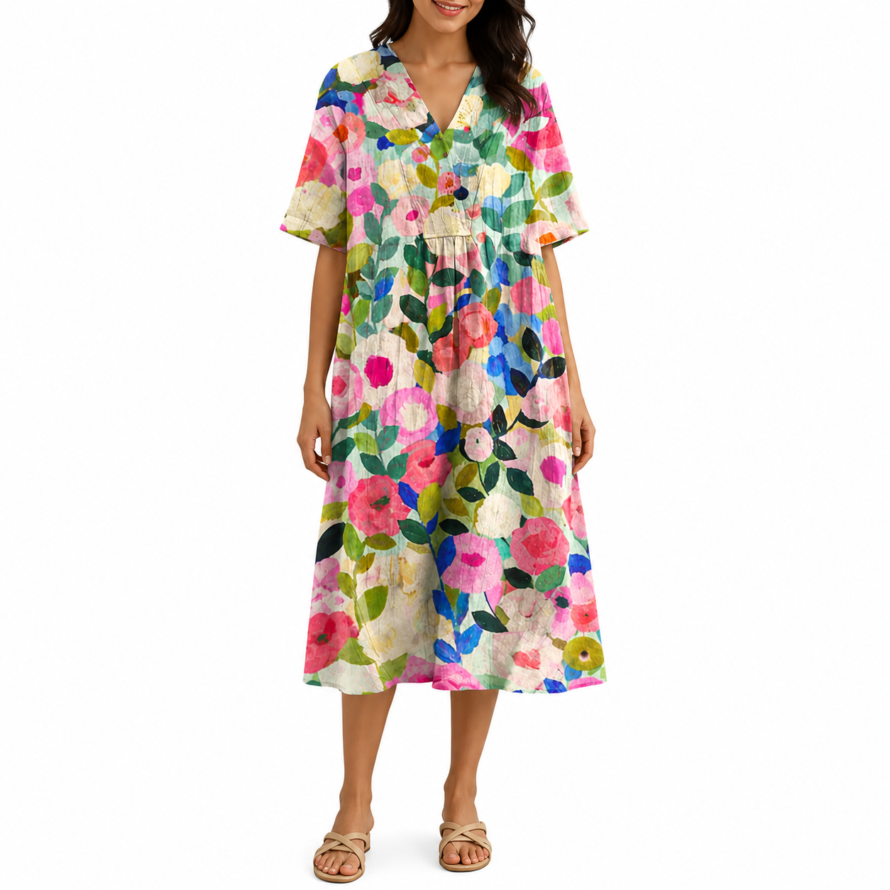 Women's Floral V-Neck Summer Beach Dress | Midi