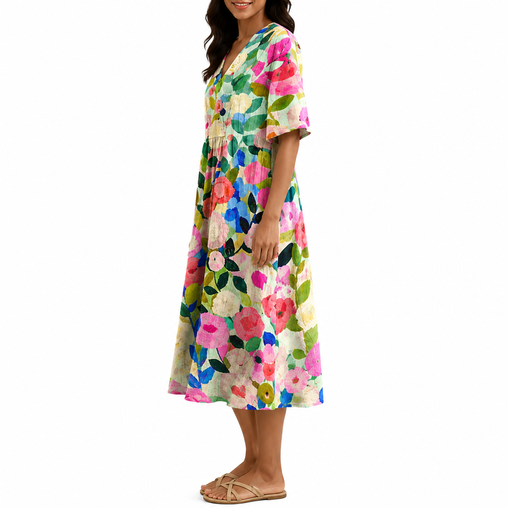 Women's Floral V-Neck Summer Beach Dress | Midi