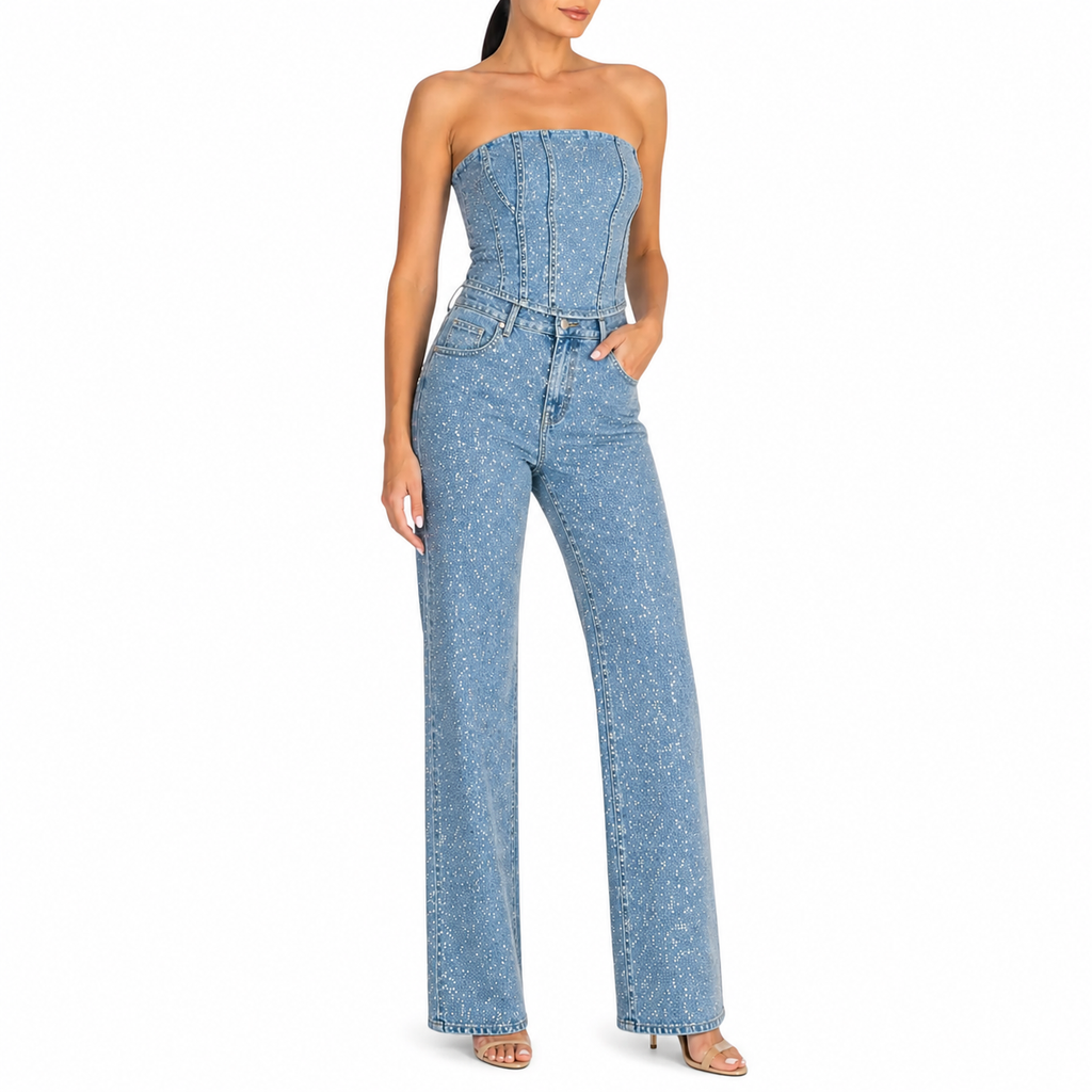 Women's Sparkly Strapless Corset Top and High-Waist Pants | 2-Piece Set