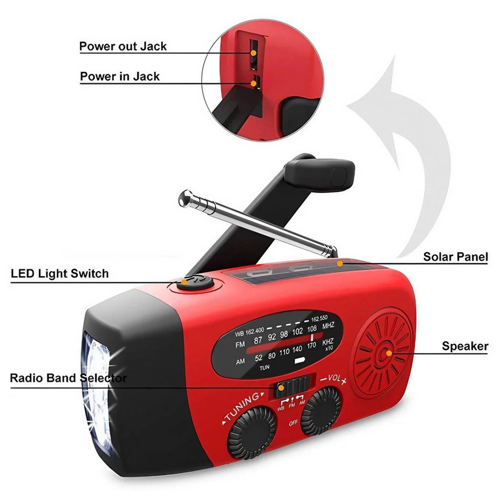 Multifunctional Emergency Radio with LED Light, Hand Crank Power, and Weather Alerts