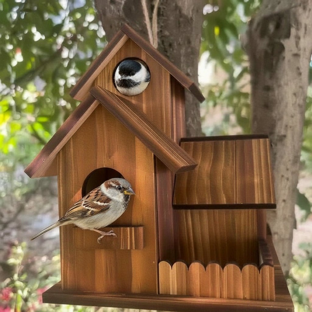 Rustic Solid Wood Birdhouse with Multiple Nesting Compartments for Outdoor Use