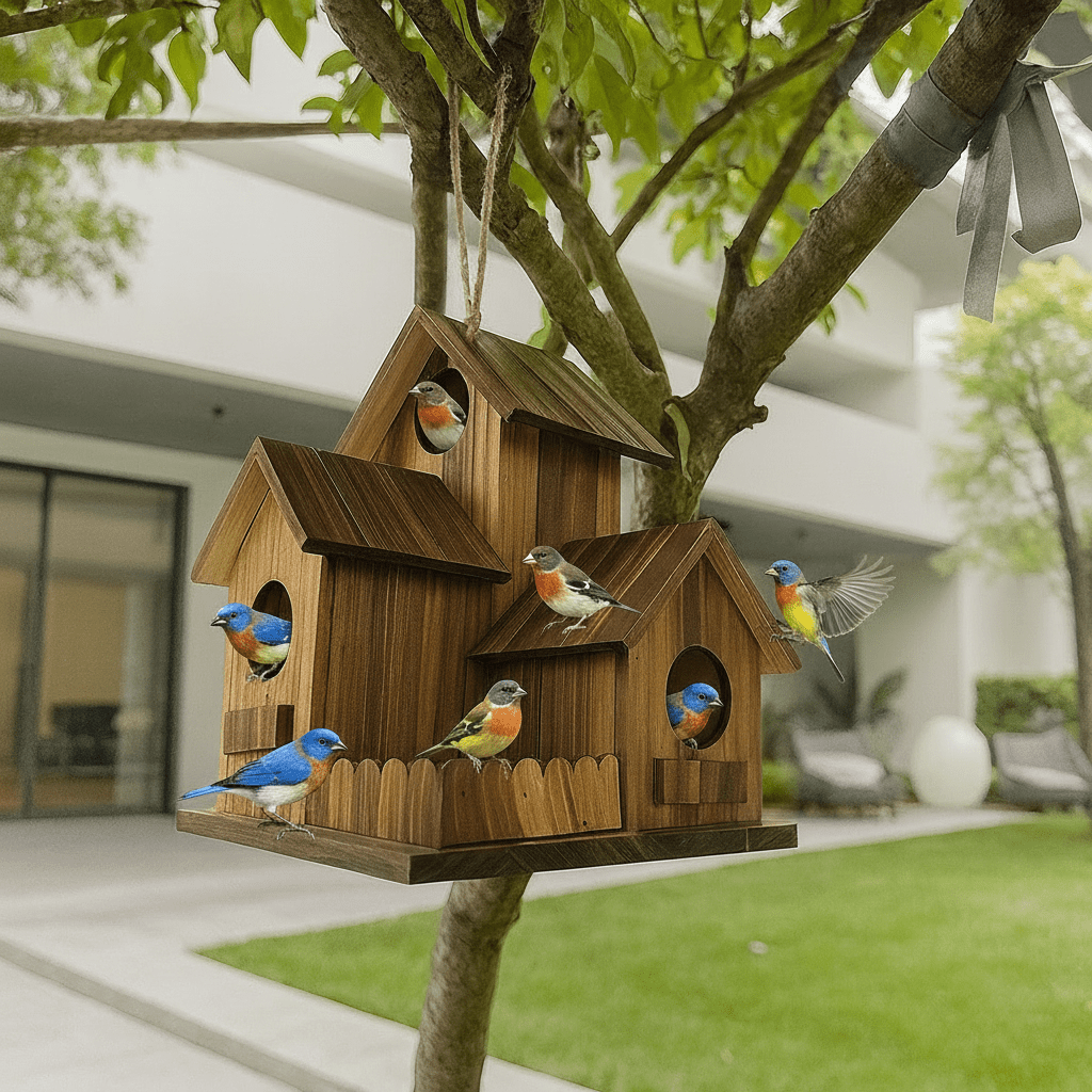 Rustic Solid Wood Birdhouse with Multiple Nesting Compartments for Outdoor Use