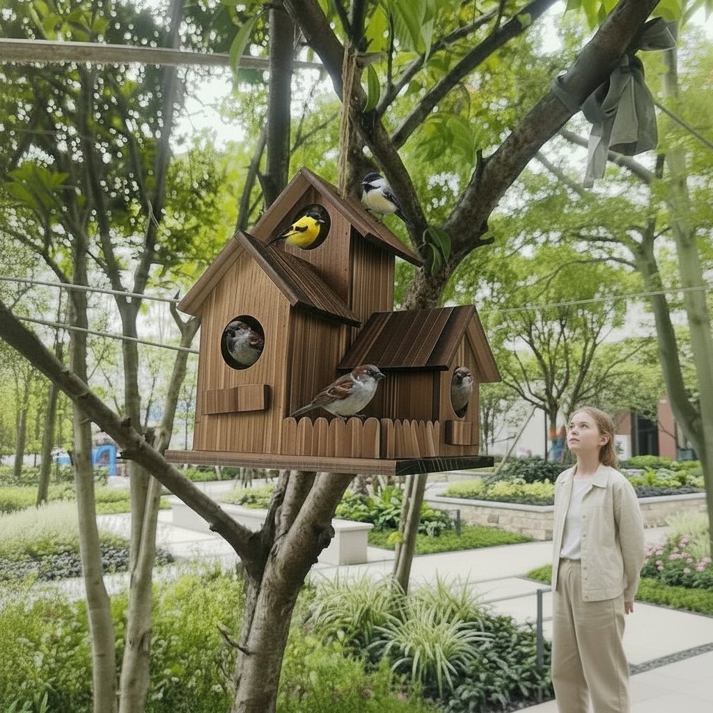 Rustic Solid Wood Birdhouse with Multiple Nesting Compartments for Outdoor Use