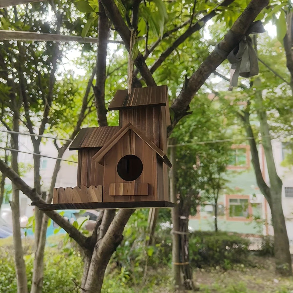 Rustic Solid Wood Birdhouse with Multiple Nesting Compartments for Outdoor Use