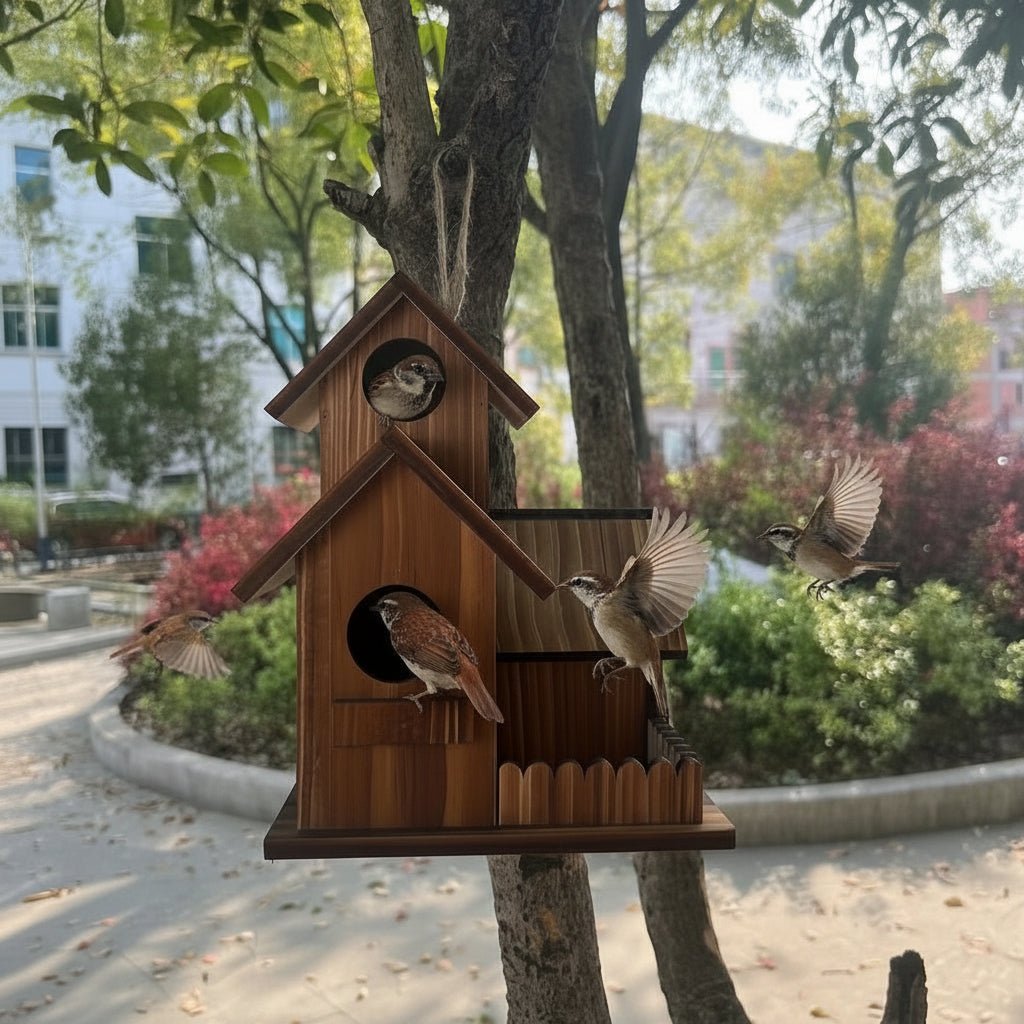 Rustic Solid Wood Birdhouse with Multiple Nesting Compartments for Outdoor Use