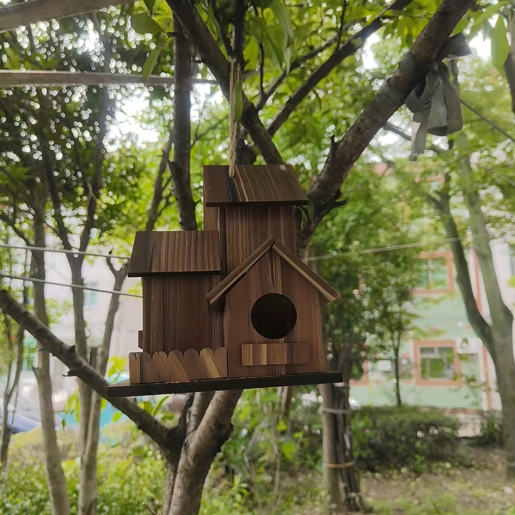 Rustic Solid Wood Birdhouse with Multiple Nesting Compartments for Outdoor Use