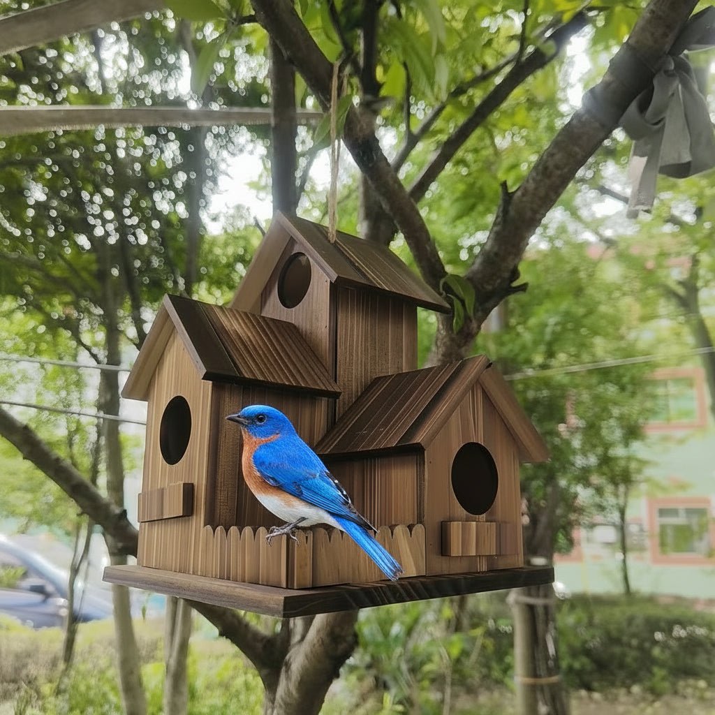 Rustic Solid Wood Birdhouse with Multiple Nesting Compartments for Outdoor Use