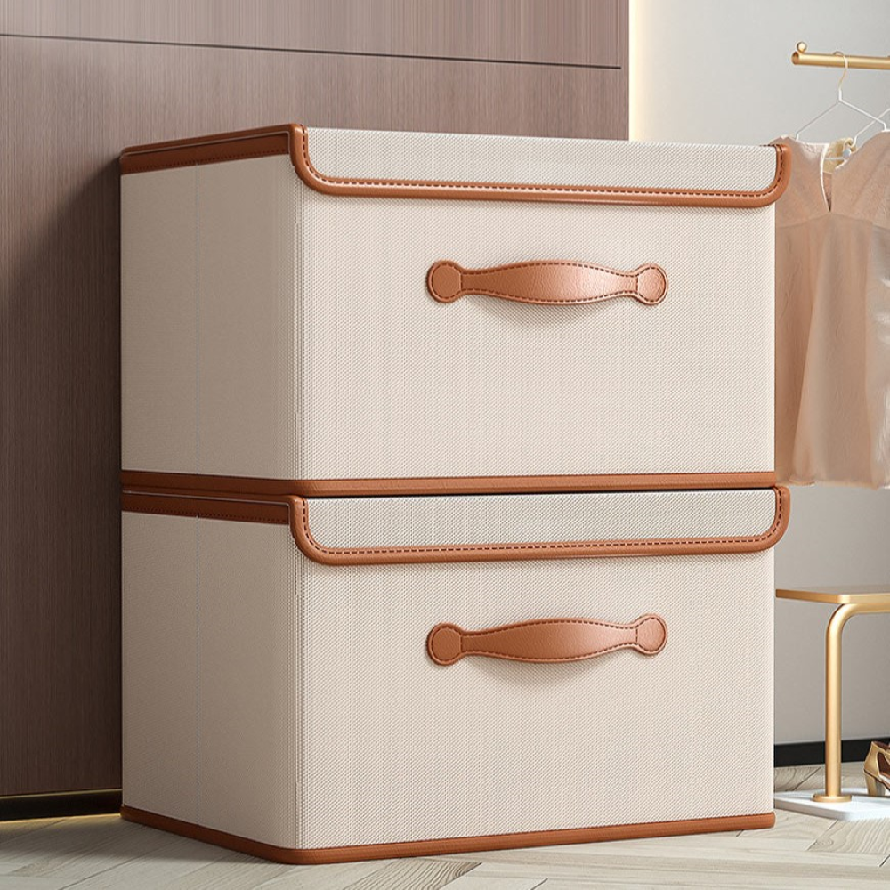 Collapsible Storage Box with Lid and Leather Handles